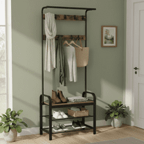 edx 4-in-1 Coat Rack with Shoe Bench, Sturdy Steel & Wood Entryway Organizer with 10 Removable Hooks, Anti-Tip Design, Rust Brown