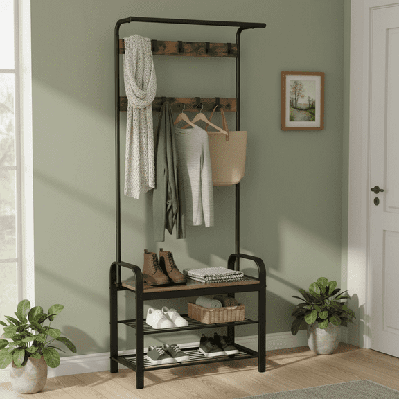 edx 4-in-1 Coat Rack with Shoe Bench, Sturdy Steel & Wood Entryway Organizer with 10 Removable Hooks, Anti-Tip Design, Rust Brown