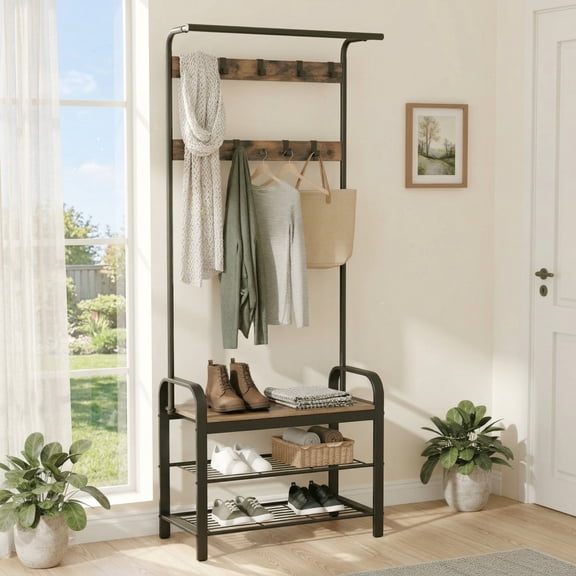 edx 4-in-1 Coat Rack with Shoe Bench and Hall Tree, Sturdy Steel & Wood Entryway Organizer with 10 Removable Hooks, Anti-Tip Design, Rust Brown