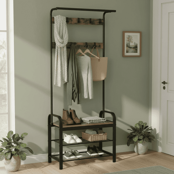 edx 4-in-1 Coat Rack with Shoe Bench and Hall Tree, Sturdy Steel & Wood Entryway Organizer with 10 Removable Hooks, Anti-Tip Design, Rust Brown