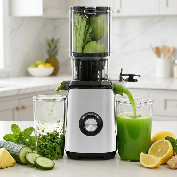 EDX Cold Press Slow Grinding Juicer, 200W, 4.25" 1000ML Wide Feed Chute, 80% Juice Yield for Apple & Ginger, 800ml Juice Cup, 700ml Pulp Cup, Whole Fruit & Veggie Compatible, 120V 60Hz, 72db, Sliver
