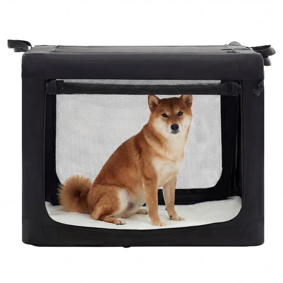 edx 30 Inch Portable Foldable Dog Crate for Small Medium Dog, 3-Door Soft Pet Airline Approved Crate with Storage Bag & Washable Pad, Up To 50Lbs, For Indoor Outdoor Dog/Cat/Pet Kennel Carrier, Black