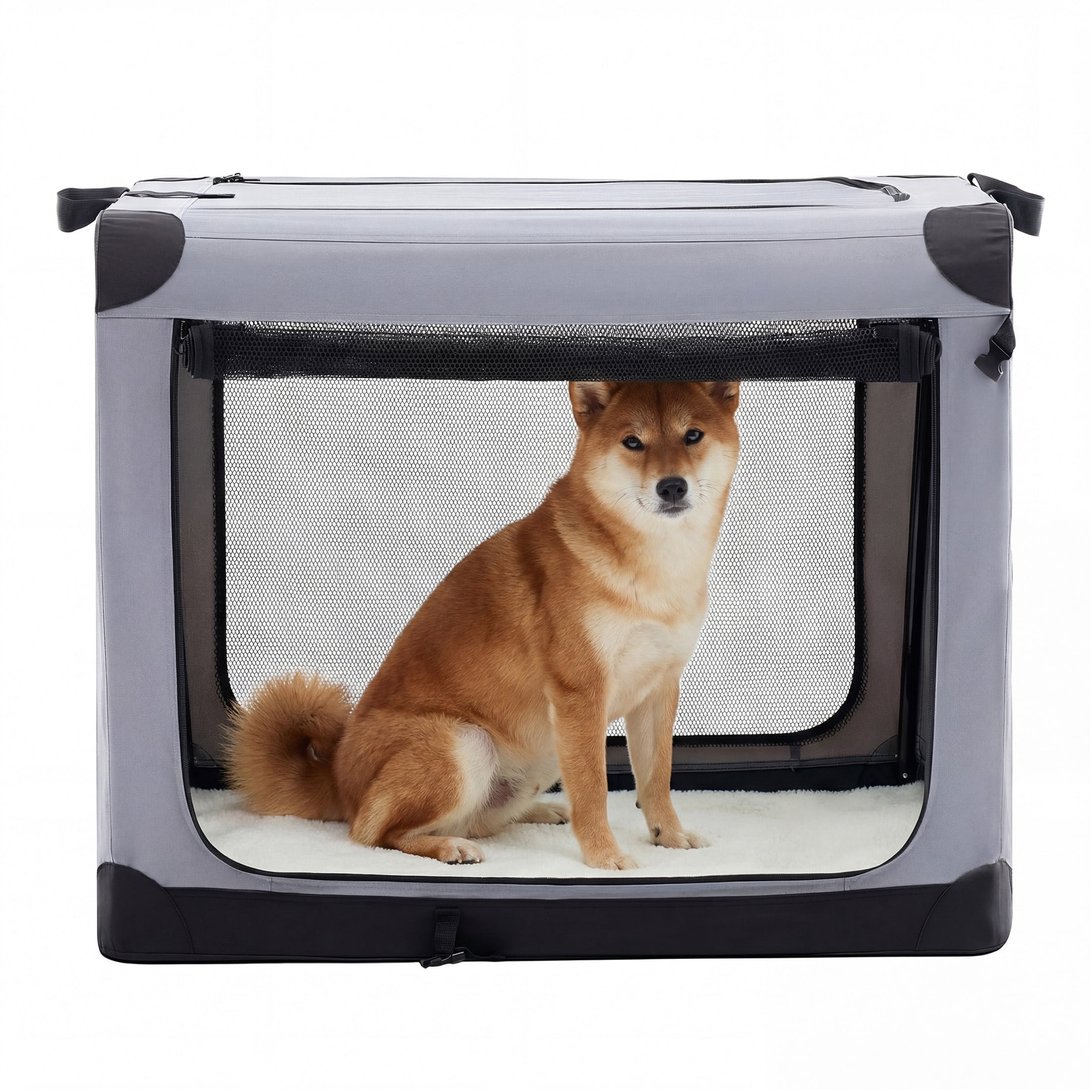 edx 30 Inch Portable Foldable Dog Crate for Small Medium Dog, 3-Door Soft Pet Airline Approved Crate with Storage Bag & Washable Pad, Up To 50Lbs, For Indoor Outdoor Dog/Cat/Pet Kennel Carrier, Grey