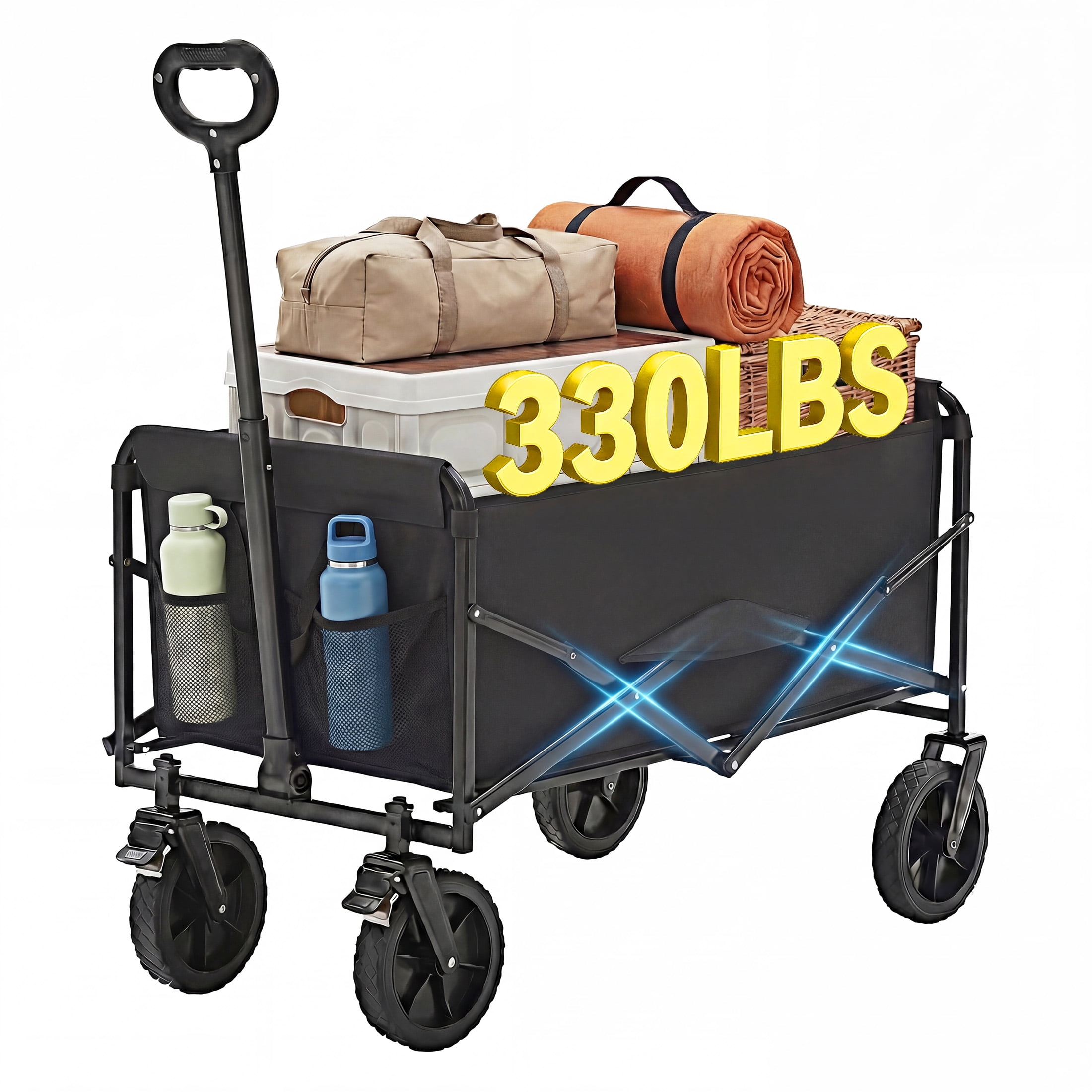 edx Collapsible Wagon Cart, Portable Folding Wagon for Outdoor Camping, Shopping, Black