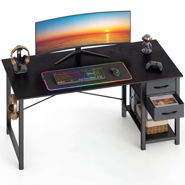 edx Computer Desk with Drawer 47 Inch PC Table Study Desk with 2-Tier Drawers Storage Shelf Headphone Hook, Modern Simple Style Laptop Desk for Bedroom,Black Grain