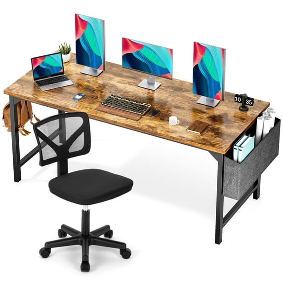 edx Computer Desk and Home Office Chair Set, 63 Inch Writing Table with Storage Bag & Armless Mesh Desk Chair For Home, Rustic Brown