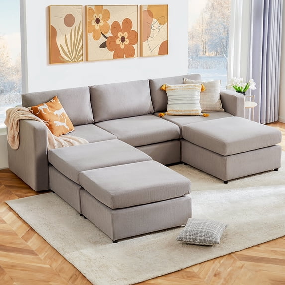 edx Convertible Modular Sectional Sofa, 6 Seat U Shaped Modern Sofa Couch Bed, Grey