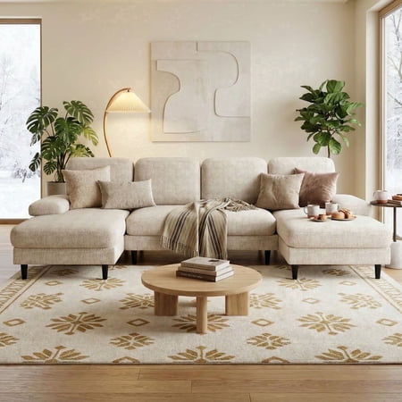 edx 99" U-Shaped 6 Seat Sofa Couch for Living Room, Linen Fabric Sofa Bed with Removable Pillows for Home and Apartment (Fabric, Beige)
