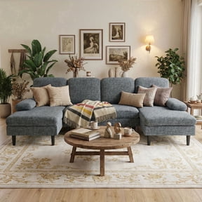 edx 99" U-Shaped 6 Seat Sofa Couch for Living Room, Linen Fabric Sofa Bed with Removable Pillows for Home and Apartment (Fabric, Dark Grey)