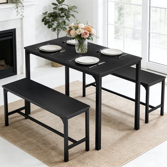 edx Dining Table Set for 4 with 2 Benches, Space-Saving Ideal 4-Person Set Kitchen Table for Daily Meals, Brunches, Workspace,Black