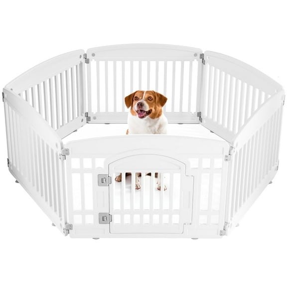 edx Dog Playpen, 6-Panel 24" Foldable Pet Pen with Door & Pet Safety Lock, Indoor/Outdoor Puppy Playpen, Customizable, White