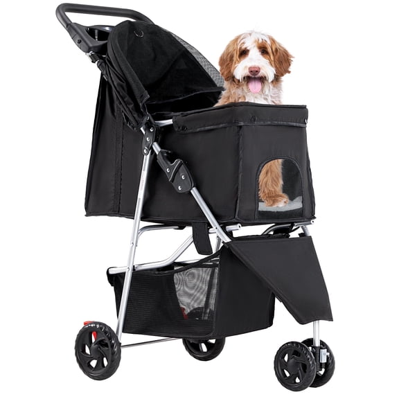 edx 3 Wheels Pet Stroller, Dog and Cat Strollers, With Storage Basket and Cup Holder, Lightweight Travel Carrier, Breathable Mesh, Waterproof and Foldable for Small Pets Outdoor Walk, Black