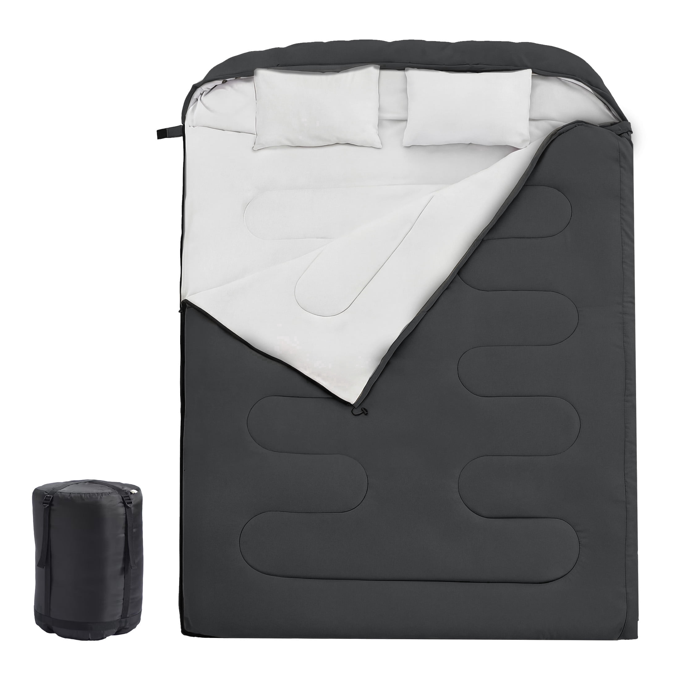 edx Double Sleeping Bag for Adults with 2 Pillows, Queen Size Waterproof Sleeping Bag 2 in 1 Design, Lightweight for Camping Travel, Black