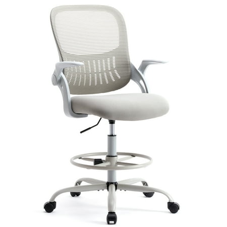 edx Drafting Chair, Tall Office Chair with Lumbar Support, Mid Back Ergonomic High Task Chair with Foot Ring for Counter Height Desk, Grey