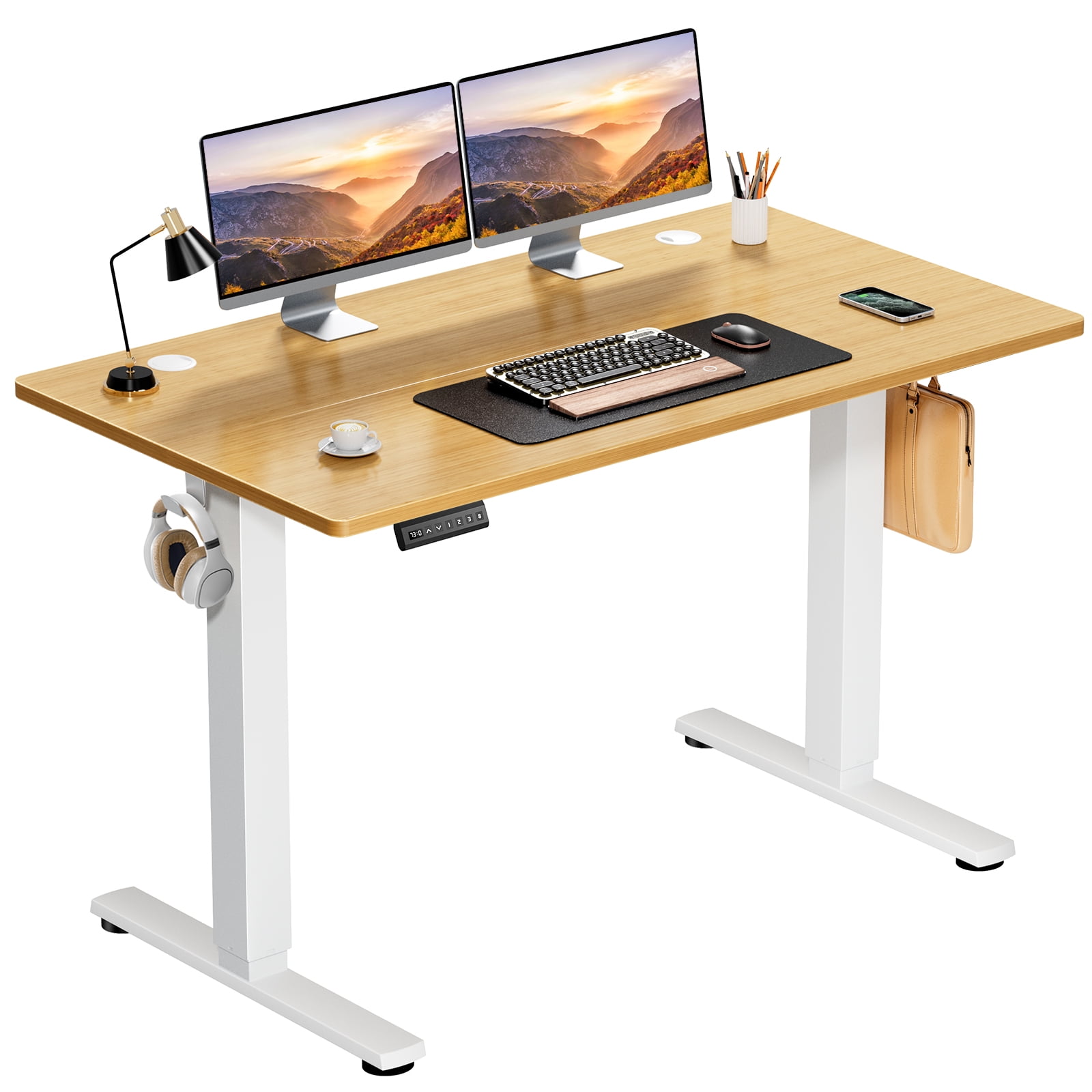 Oak and White Adjustable Electric Standing Desk, 40 x 24 Inches