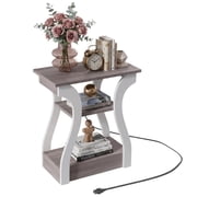 edx End Table with Charging Station, 3-Tier Nightstand with USB, Type-C & Outlets, Wood Side Table for Small Spaces, Off-white