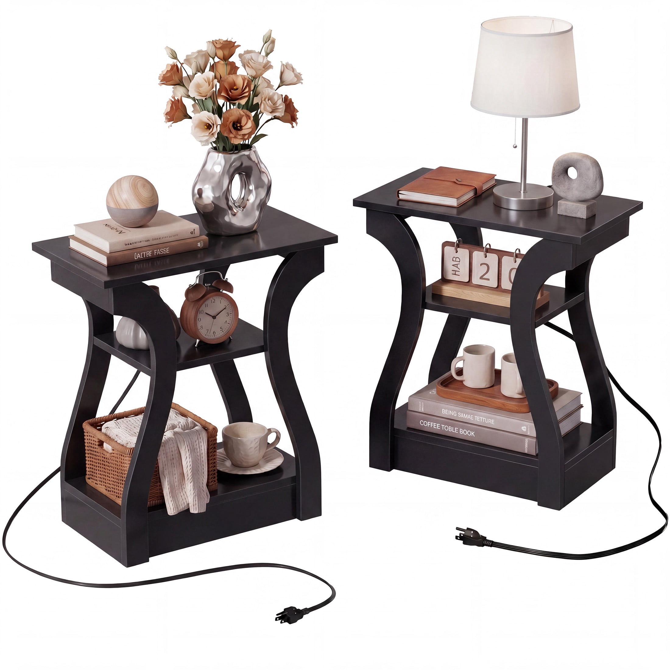 Side Table Types edx End Table with Charging Station Set of 2, 3-Tier Nightstand with ...