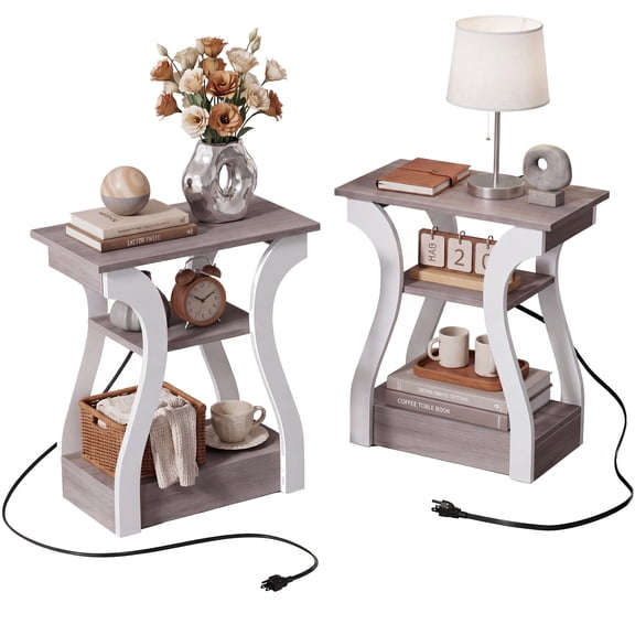 edx End Table with Charging Station Set of 2, 3-Tier Nightstand with USB, Type-C & Outlets, Wood Side Tables for Small Spaces, White
