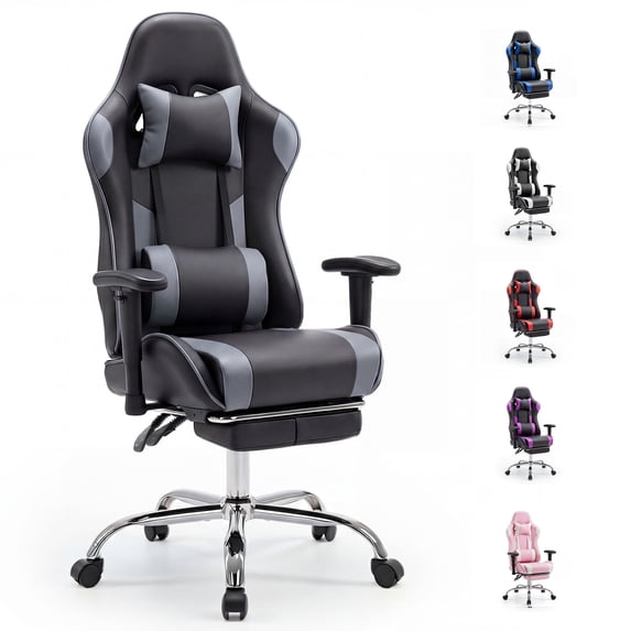 edx Ergonomic Video Gaming Chair High Back Office Chair with Lumbar Support and Adjustable Armrests Footrest Swivel Racing Chair, Black Gray
