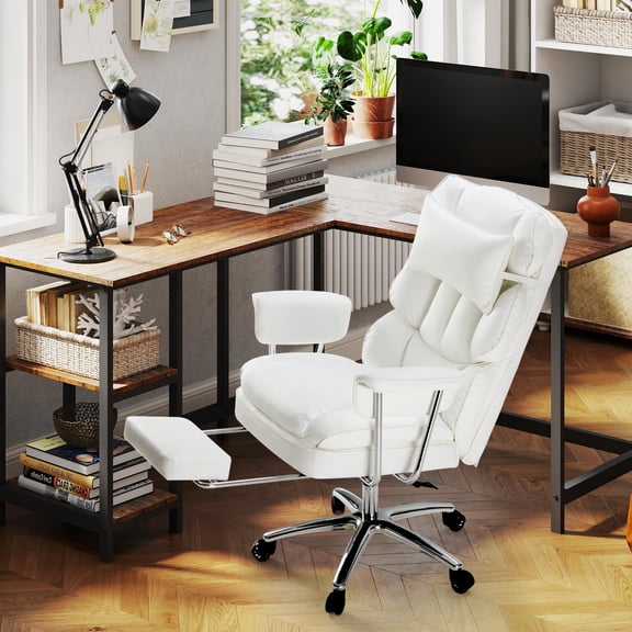 edx Executive Home Office Desk Chair, Ergonomic Big Tall High Back with Footrest & Lumbar Support, Reclining Comfy PU Leather Computer Gaming Chair with Swivel Wheels, Height Adjustable, White