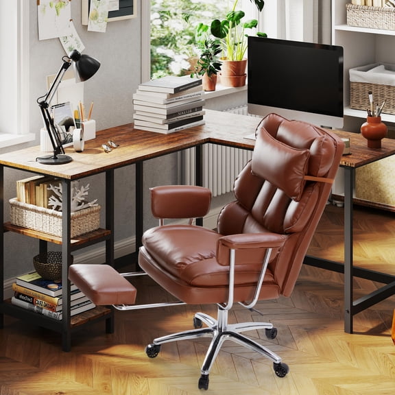 edx Executive Home Office Desk Chair, Ergonomic Big Tall High Back with Footrest & Lumbar Support, Reclining Comfy PU Leather Computer Gaming Chair with Swivel Wheels, Height Adjustable, Brown