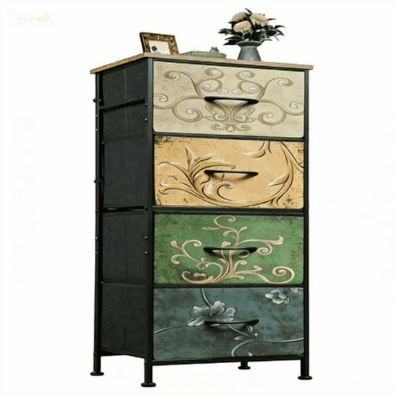 edx Fabric Dresser with 4 Drawers, Retro Flower Design, Chest of Drawers with Sturdy Steel Frame, Wood Top for Bedroom, Living Room, Hallway