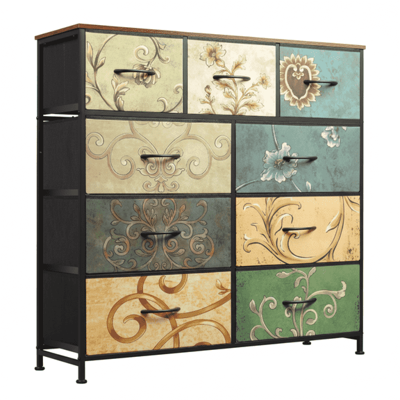 edx Fabric Dresser with 9 Drawers, Retro Flower Design, Chest of Drawers with Sturdy Steel Frame, Wood Top for Bedroom, Living Room, Hallway