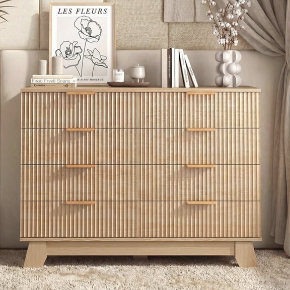 edx Fluted Dresser, 8 Drawer Dresser, Modern Wooden Chest of Drawers with Heightened Legs for Bedroom, Natural