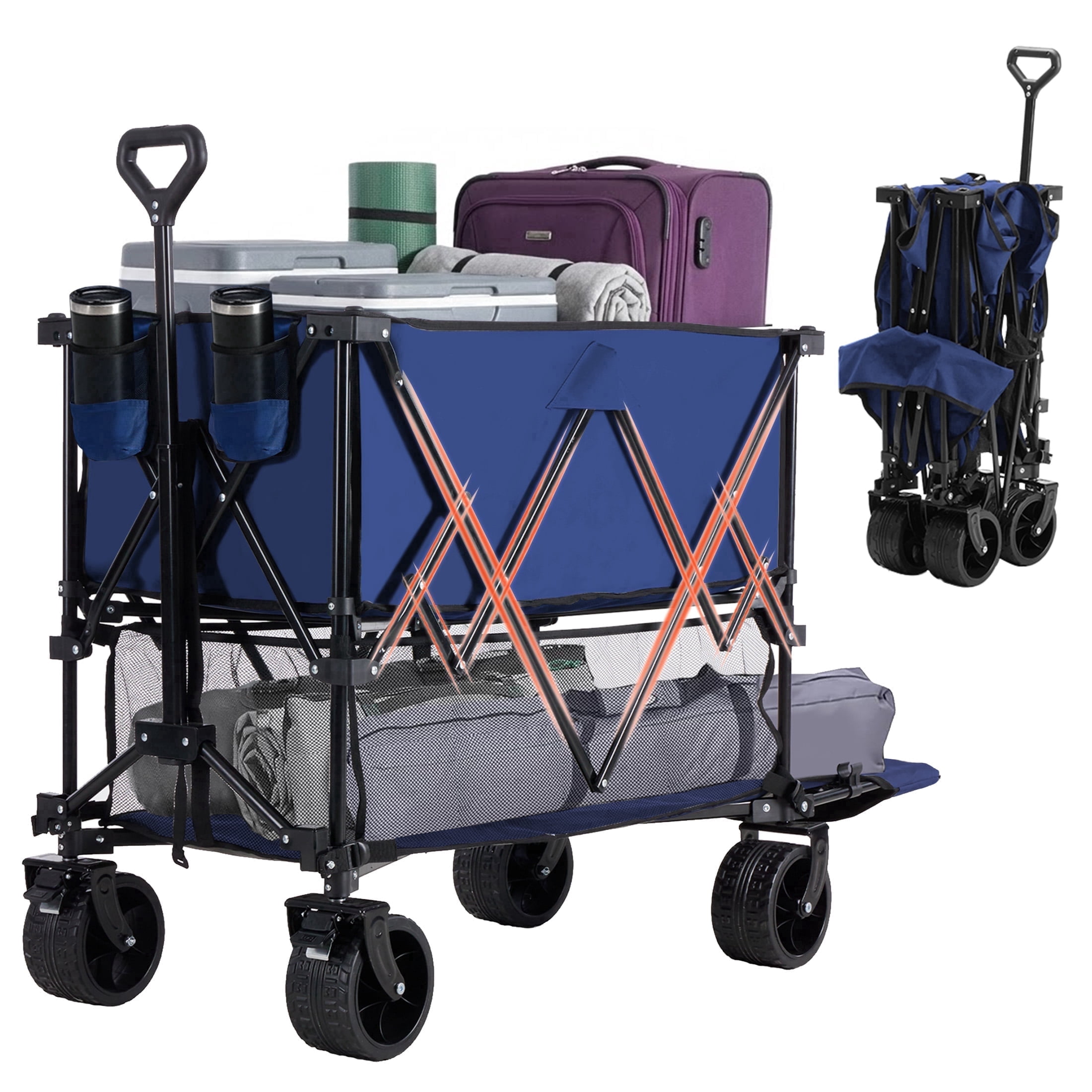 edx Large Capacity Folding Double Decker Wagon with Brakes, 54" Extra Long Extended Wagon, Equipped with 7" All-Terrain Big Wheels for Camping, Sports, Beach