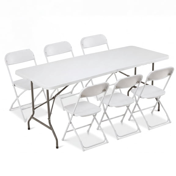 edx Folding Table and Chair Set with 7-Piece, 6 Chairs and 6FT Portable Table, for Picnics, Camping, White