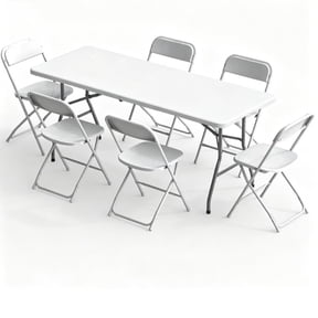 edx Folding Table and Chair Set with 7-Piece, 6 Chairs and 6FT Portable Table, for Picnics, Camping, White