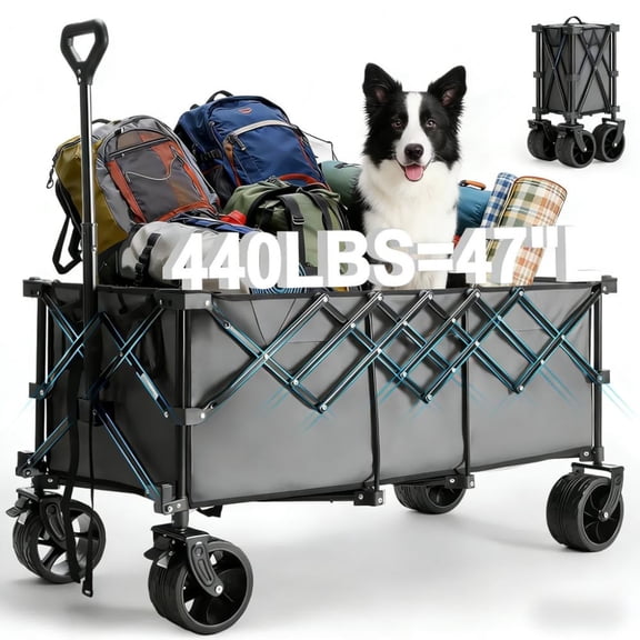 edx 440lbs Collapsible Folding Wagon, Large Capacity Wagon with Heavy Duty Steel Frame, All-Terrain Wheels for Camping, Sports, Shopping