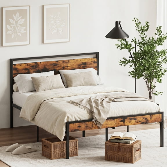 edx Full Bed Frame, Heavy Duty Metal Platform Bed with Wooden Headboard, 1000-LB Capacity, Under-Bed Storage, No Box Spring Needed, Rustic Brown