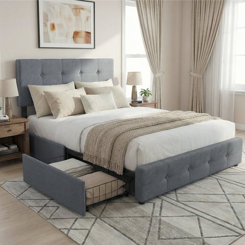 edx Full Bed Frame with 4 Drawers & Velvet Upholstered Headboard, Platform Bed with Storage & Solid Wood Support, No Box Spring, Gray