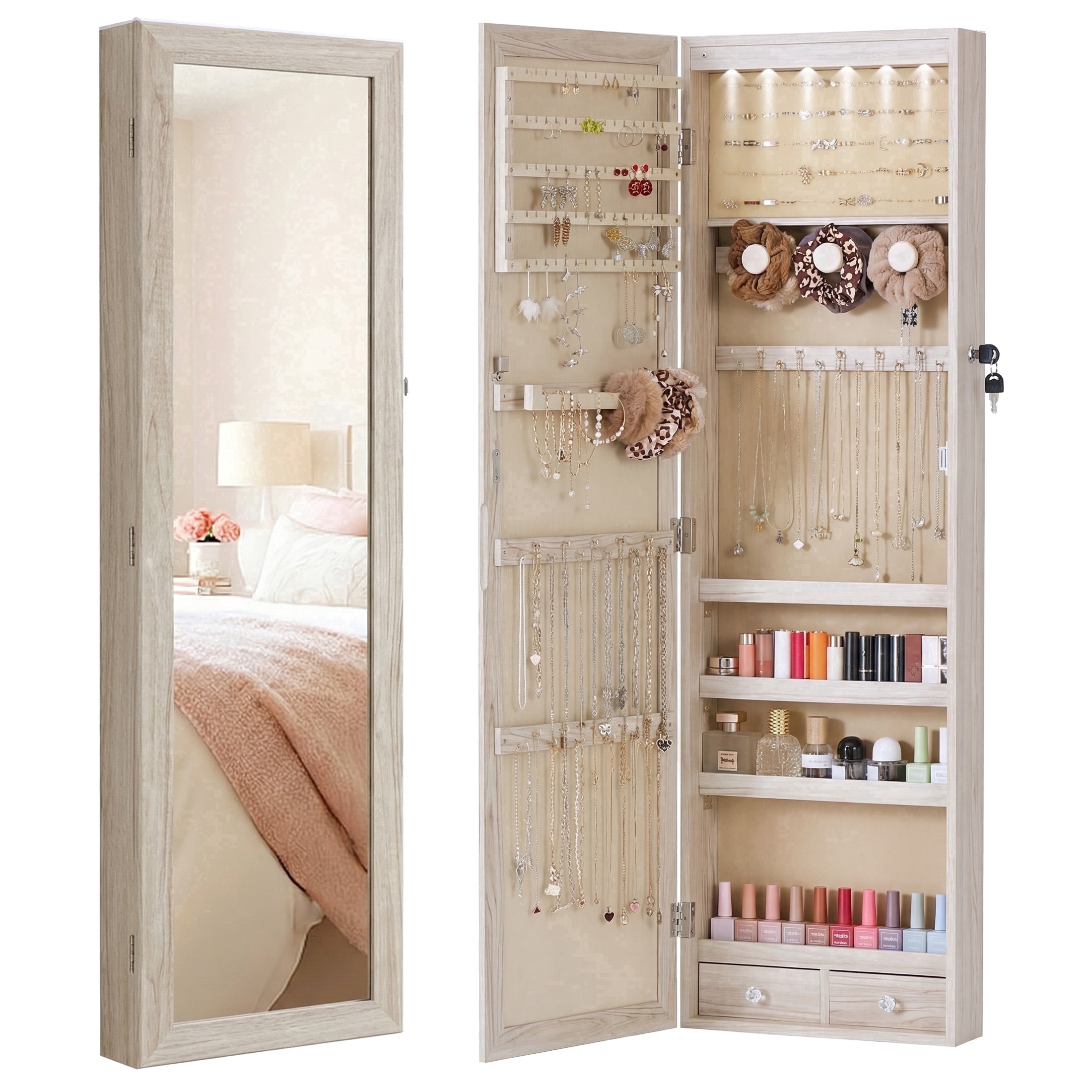 edx Full-Length Mirror Jewelry Cabinet with 6 LED Lights, Wall Door Mounted Large Jewelry Armoire Organizer with Makeup Storage, Beige