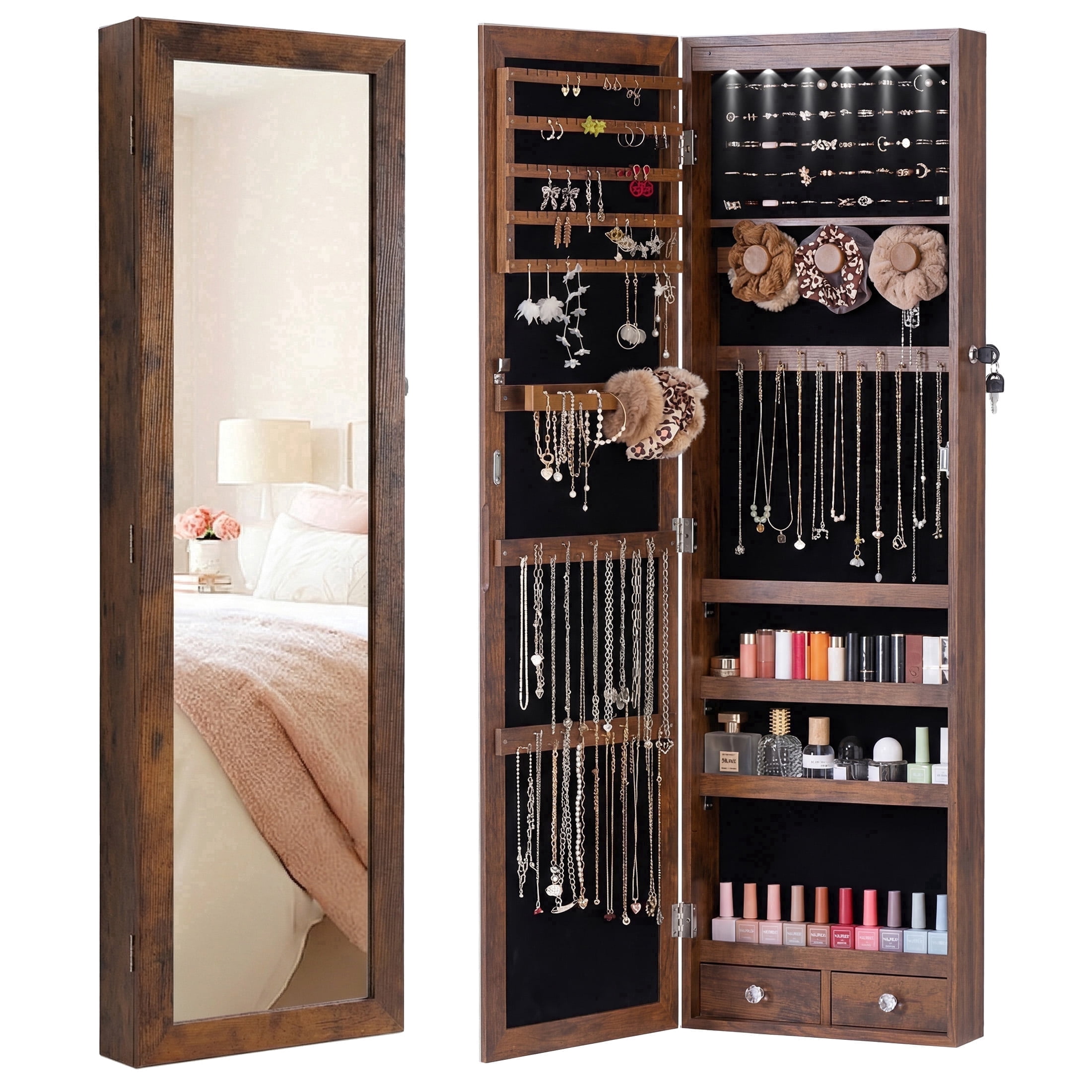 edx Full-Length Mirror Jewelry Cabinet with 6 LED Lights, Wall Door ...
