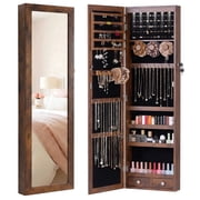 edx Full-Length Mirror Jewelry Cabinet with 6 LED Lights, Wall Door Mounted Large Jewelry Armoire Organizer with Makeup Storage, Rustic Brown