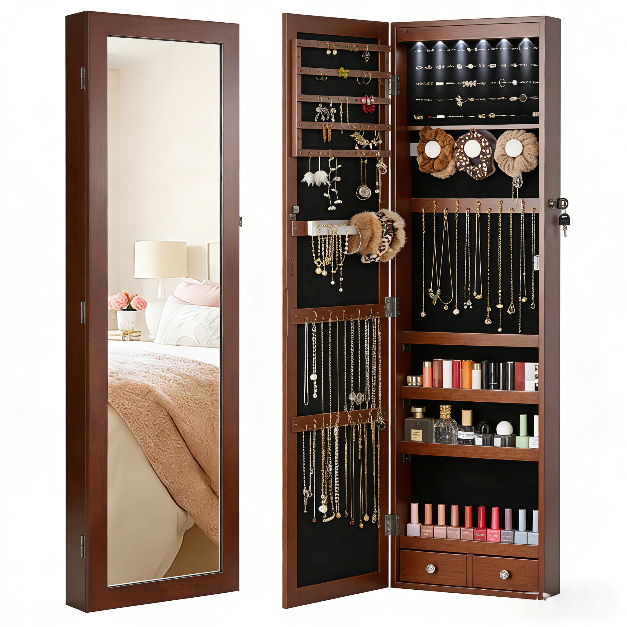 edx Full-Length Mirror Jewelry Cabinet with 6 LED Lights, Wall Door ...
