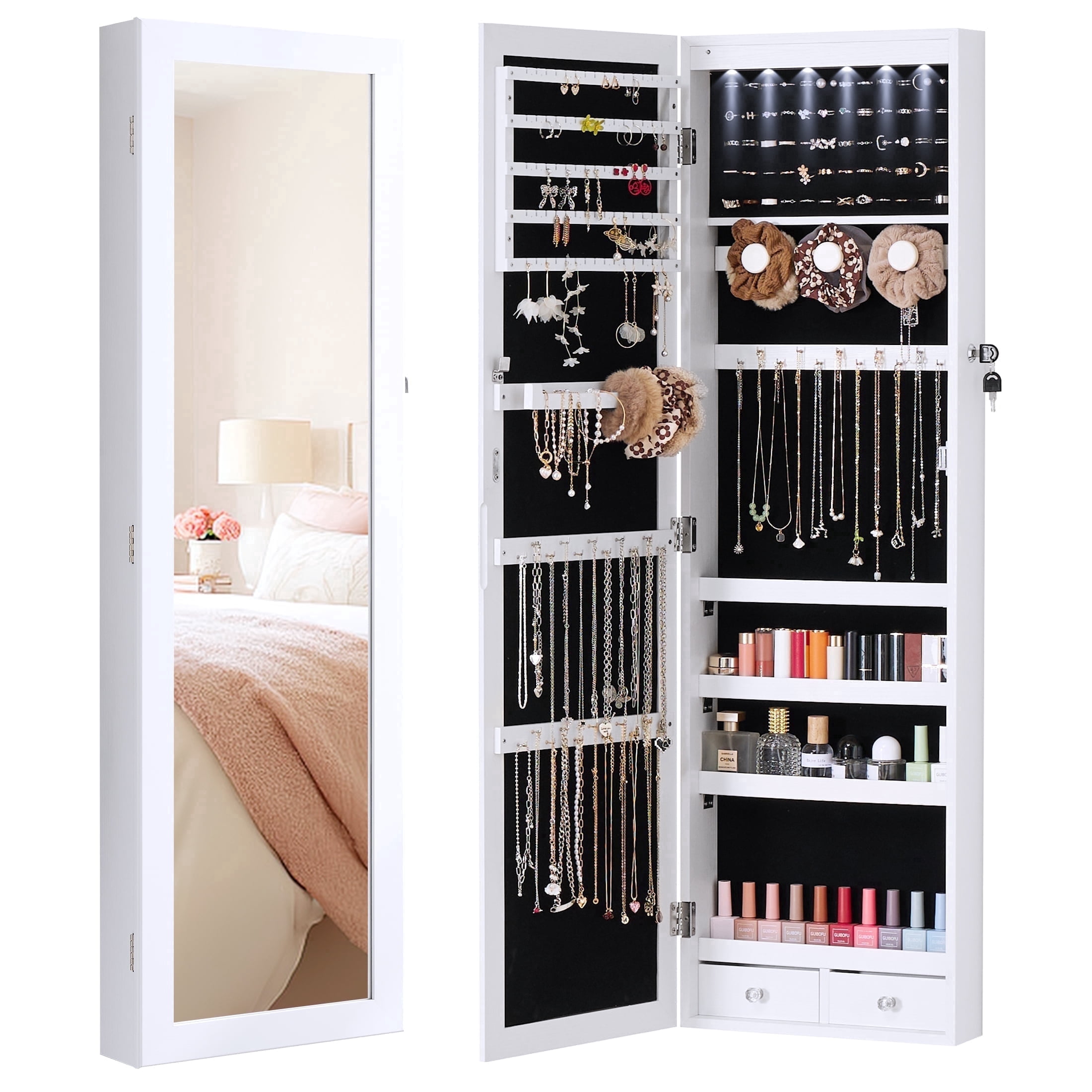 edx Full-Length Mirror Jewelry Cabinet with 6 LED Lights, Wall Door Mounted Jewelry Armoire Organizer with Makeup Storage