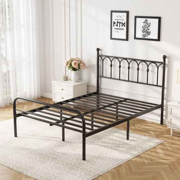 edx Full Size Classic Metal Platform Bed Frame with Headboard, Black Steel, 15in under-bed storage