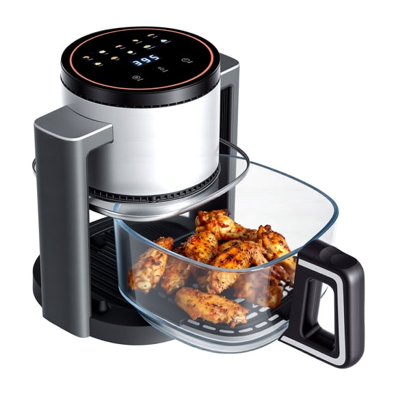 edx Glass Air Fryer, 4.5L Transparent Cooking Bowl, Reheat Function, Temperature Control, Dishwasher Safe, Black