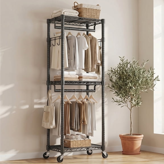 edx Clothes Rack, Heavy-Duty Garment Rack with Shelves & Wheels, Freestanding Wardrobe Organizer with Hooks, for Bedroom, Laundry, or Balcony, 23.6 x 15.8 x 74.4 in, Black