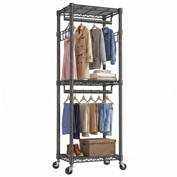 edx Clothes Rack, Heavy-Duty Garment Rack with Shelves & Wheels, Freestanding Wardrobe Organizer with Hooks, for Bedroom, Laundry, or Balcony, 23.6 x 15.8 x 74.4 in, Black