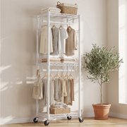 edx Clothes Rack, Heavy-Duty Garment Rack with Shelves & Wheels, Freestanding Wardrobe Organizer with Hooks, for Bedroom, Laundry, or Balcony, 23.6 x 15.8 x 74.4 in, White