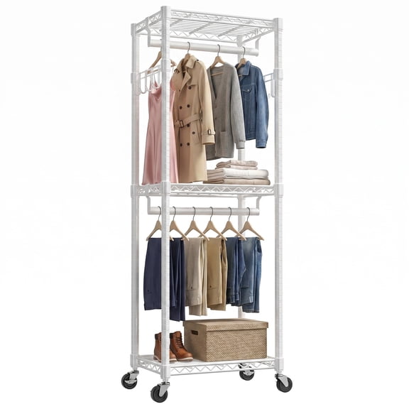 edx Clothes Rack, Heavy-Duty Garment Rack with Shelves & Wheels, Freestanding Wardrobe Organizer with Hooks, for Bedroom, Laundry, or Balcony, 23.6 x 15.8 x 74.4 in, White