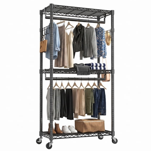 edx Clothes Rack, Heavy-Duty Garment Rack with Shelves & Wheels, Freestanding Wardrobe Organizer with Hooks, for Bedroom, Laundry, or Balcony, 35.5 x 15.8 x 74.4 in, Black