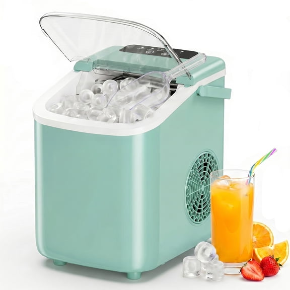 edx Ice Maker, Self-Cleaning Countertop Ice Maker, with Handle & Ice Scoop, 9 Bullet Cubes in 6~8 Mins, 26lbs Daily, Green