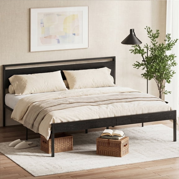 edx King Bed Frame, Reinforced Heavy Duty Metal Platform Bed with Wooden Headboard, 1000-LB Capacity, Under-Bed Storage, No Box Spring Needed, Black