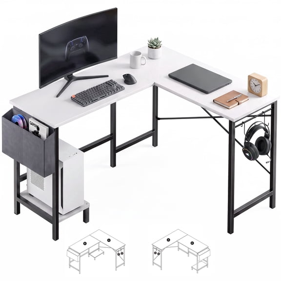 edx 50 inch L Shaped Desks with Storage Bag and CPU Holder, Reversible Office Desks Corner Design Computer Workstations Table for Gaming/Office/Study,White