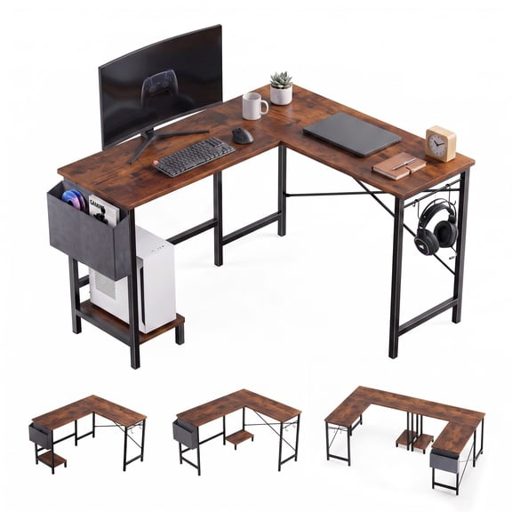 edx 50 inch L Shaped Desks with Storage Bag and CPU Holder, Reversible Office Desks Corner Design Computer Workstations Table for Gaming/Office/Study,Rust